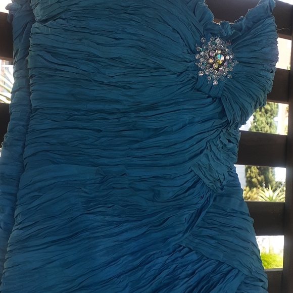 Alyce Designs AQUA Ruche Bodice Strapless Mermaid Dress Maxi Gown Slit Ruffles 4 - Picture 11 of 17